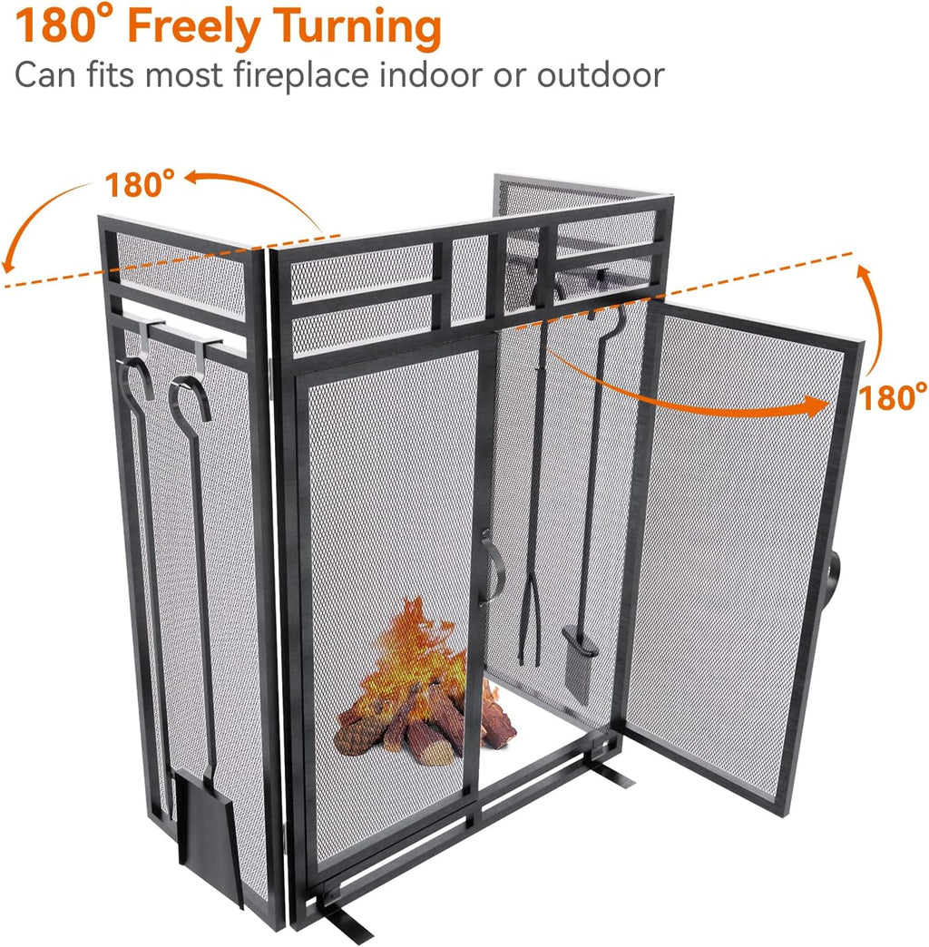Fireplace Screen with Doors and Tools Set,3 Panel Foldable Metal Fireplace Guard,Wrought Iron Fireplace Mesh Screen Stand Tall 32″ Wide 48″,Fireplace Safety Gate with Tool,Tongs,Poker,Black