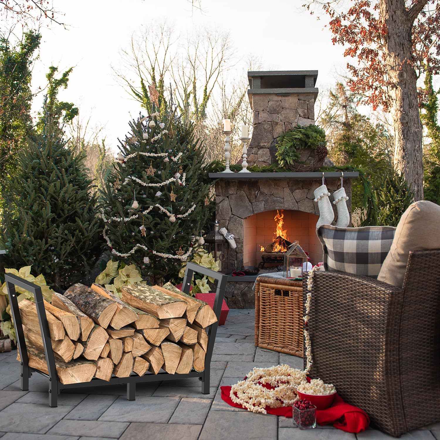 Minicloss 34 Inch Firewood Rack Outdoor Indoor, 2.7ft Wood Storage Rack Stand, Heavy Duty Fire Wood Holder for Fireplace（Black）