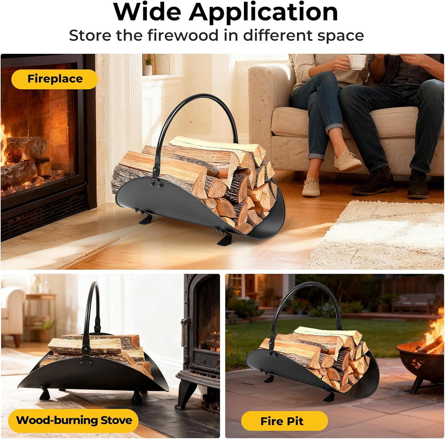 AMAGABELI GARDEN & HOME Fireplace Log Holder Indoor Firewood Basket Holder Carrier Metal Wood Rack for Fire Wood Outdoor Storage Organizer