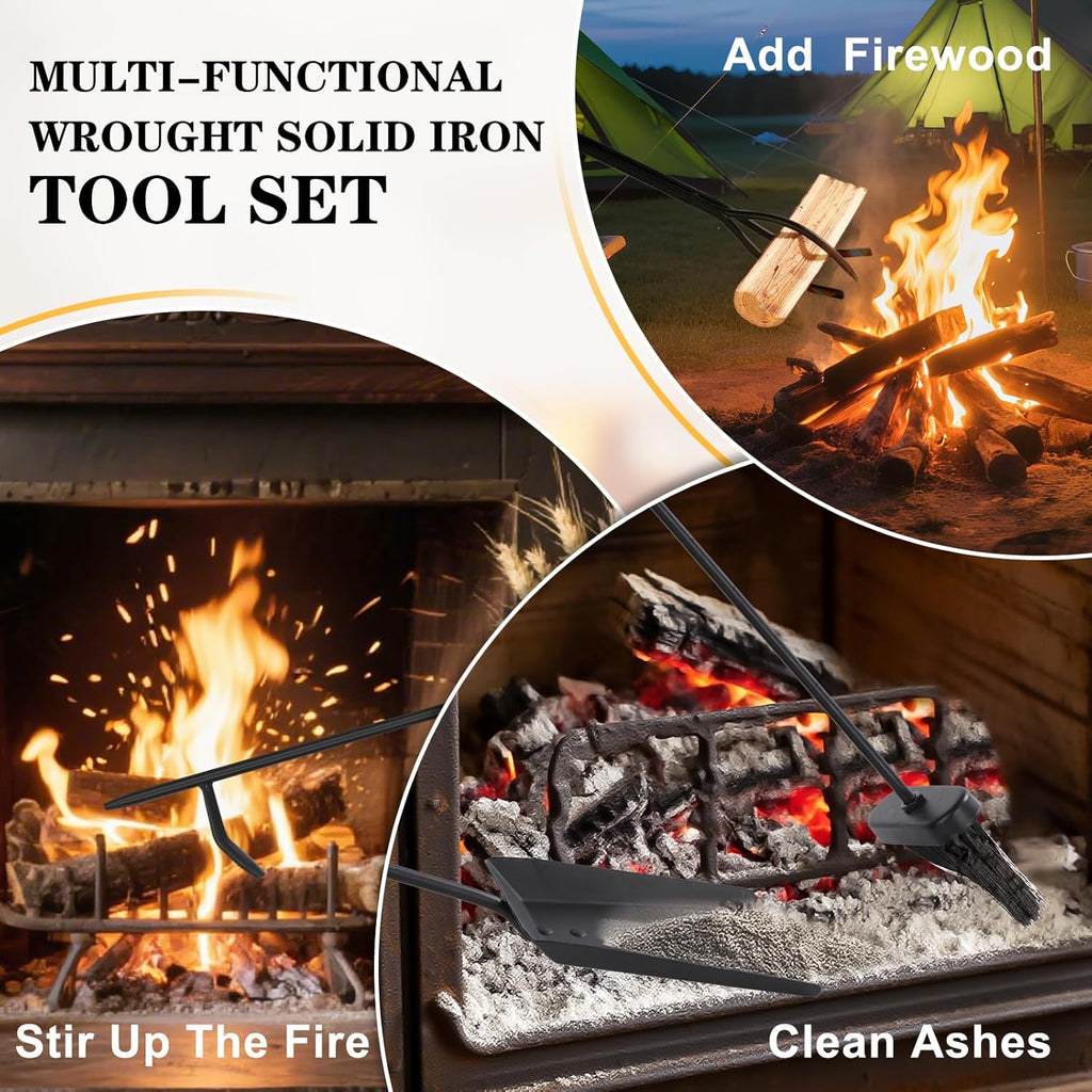 Gtongoko 35 Inch Fireplace Tools Set 5 Pcs Black Wrought Solid Iron Large Fire Tool Set for Outdoor/Indoor Include Chimney Poker, Rustic Tongs, Shovel, Antique Brush and Stand Accessories Set