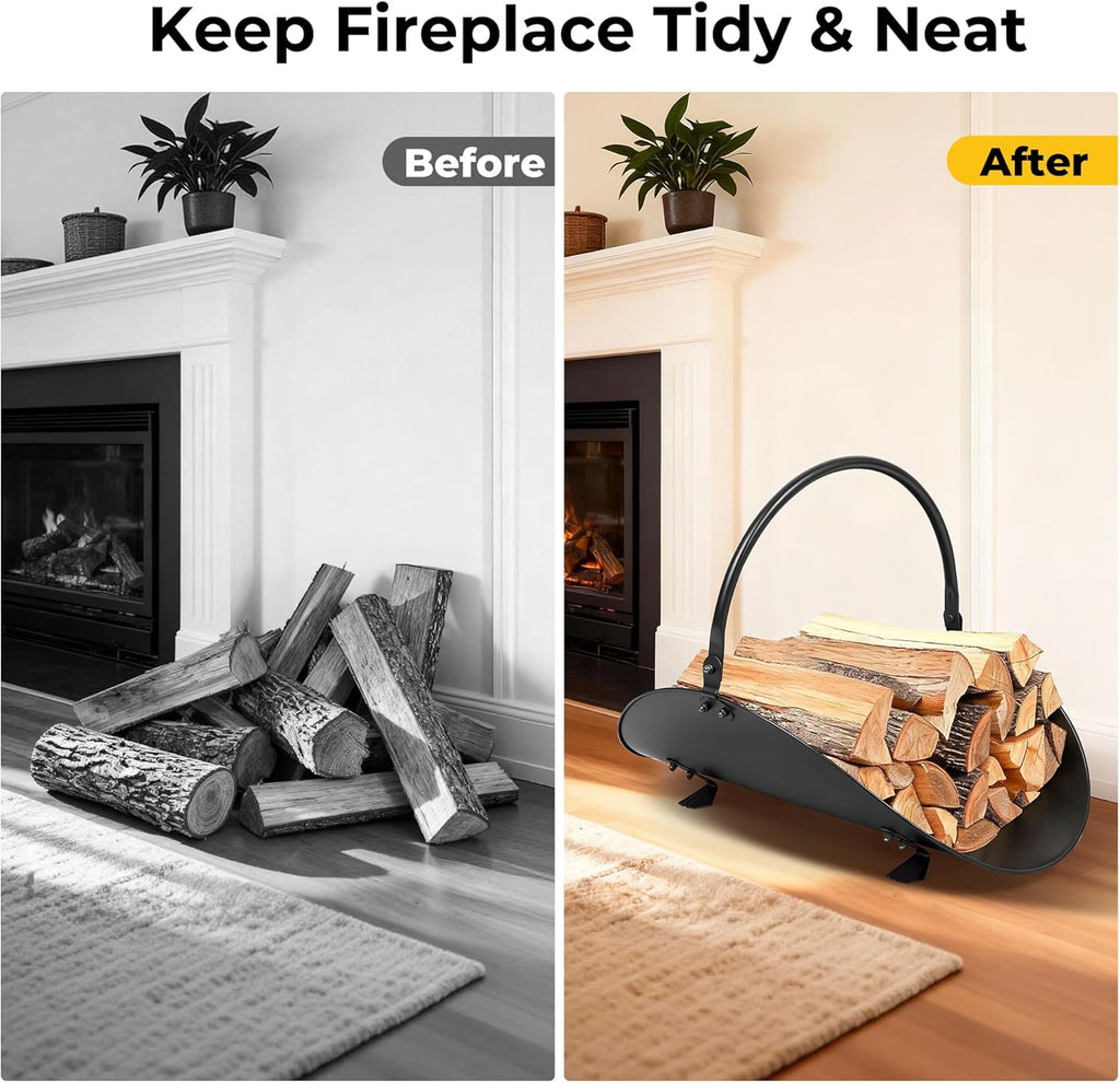 AMAGABELI GARDEN & HOME Fireplace Log Holder Indoor Firewood Basket Holder Carrier Metal Wood Rack for Fire Wood Outdoor Storage Organizer