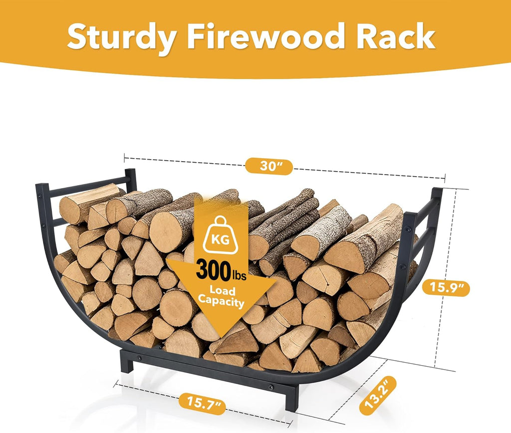 facka Curved Firewood Rack, 30 Inch Indoor Outdoor Log Firewood Holder, Metal Fireplace Wood Storage, Waterproof & Rustproof