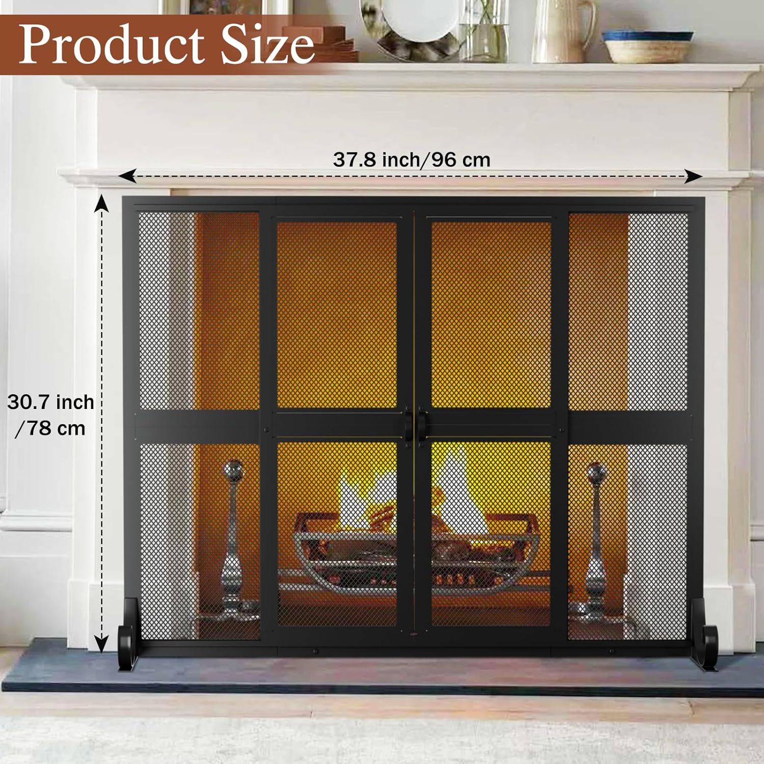 Fireplace Screen with Sliding Doors, 37.8" W x 30.7" H Handcrafted Wrought Iron Fire Spark Guard Fire Place Gate Protector for Living Room, Children and Pet Safety(Large)