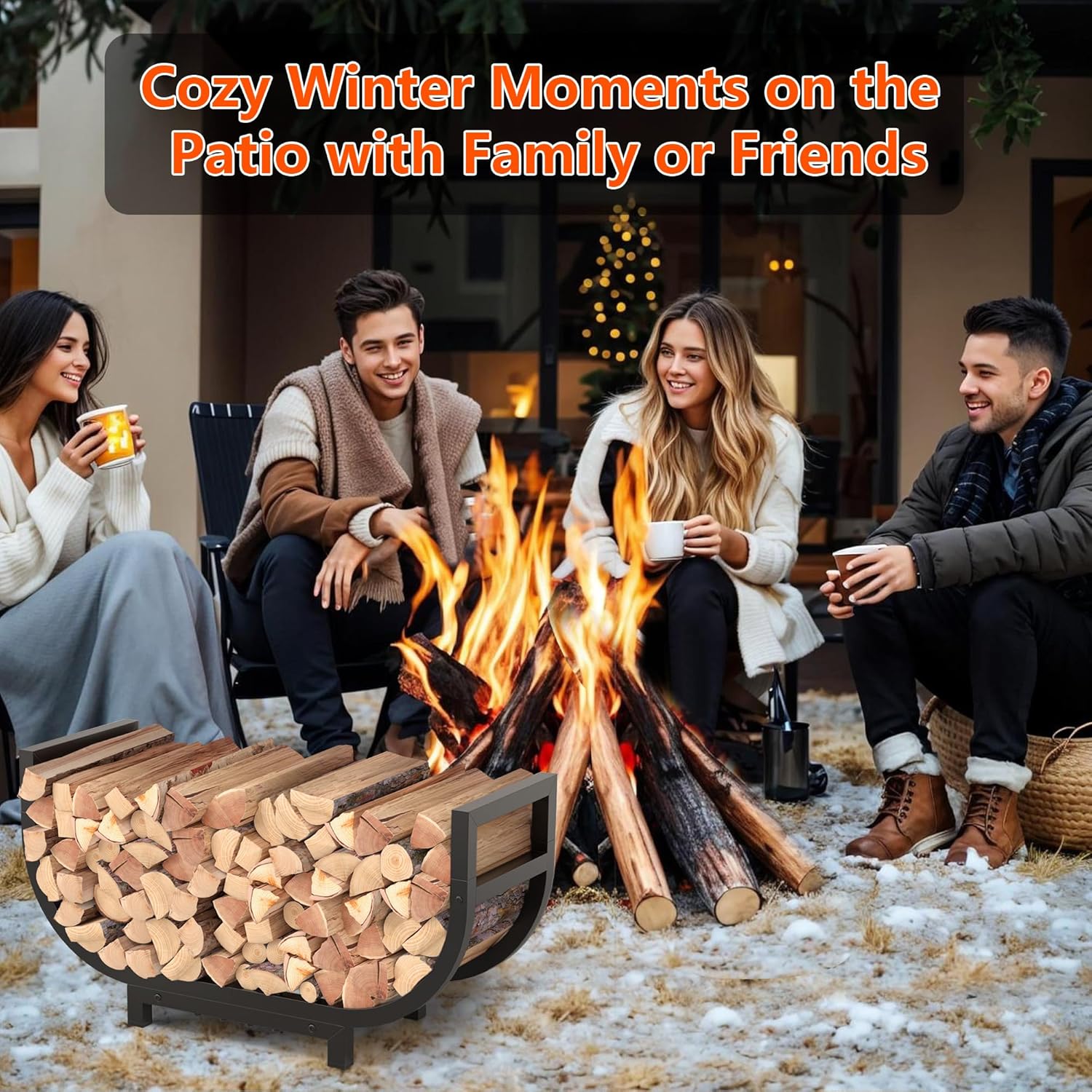 30-inch Firewood Rack Outdoor Indoor with Log Carrier Bag, Stable Log Holder Rustproof Metal Wood Rack for Fireplace Patio Deck Firepit, Heavy Duty Firewood Storage Organizer Tool, Black