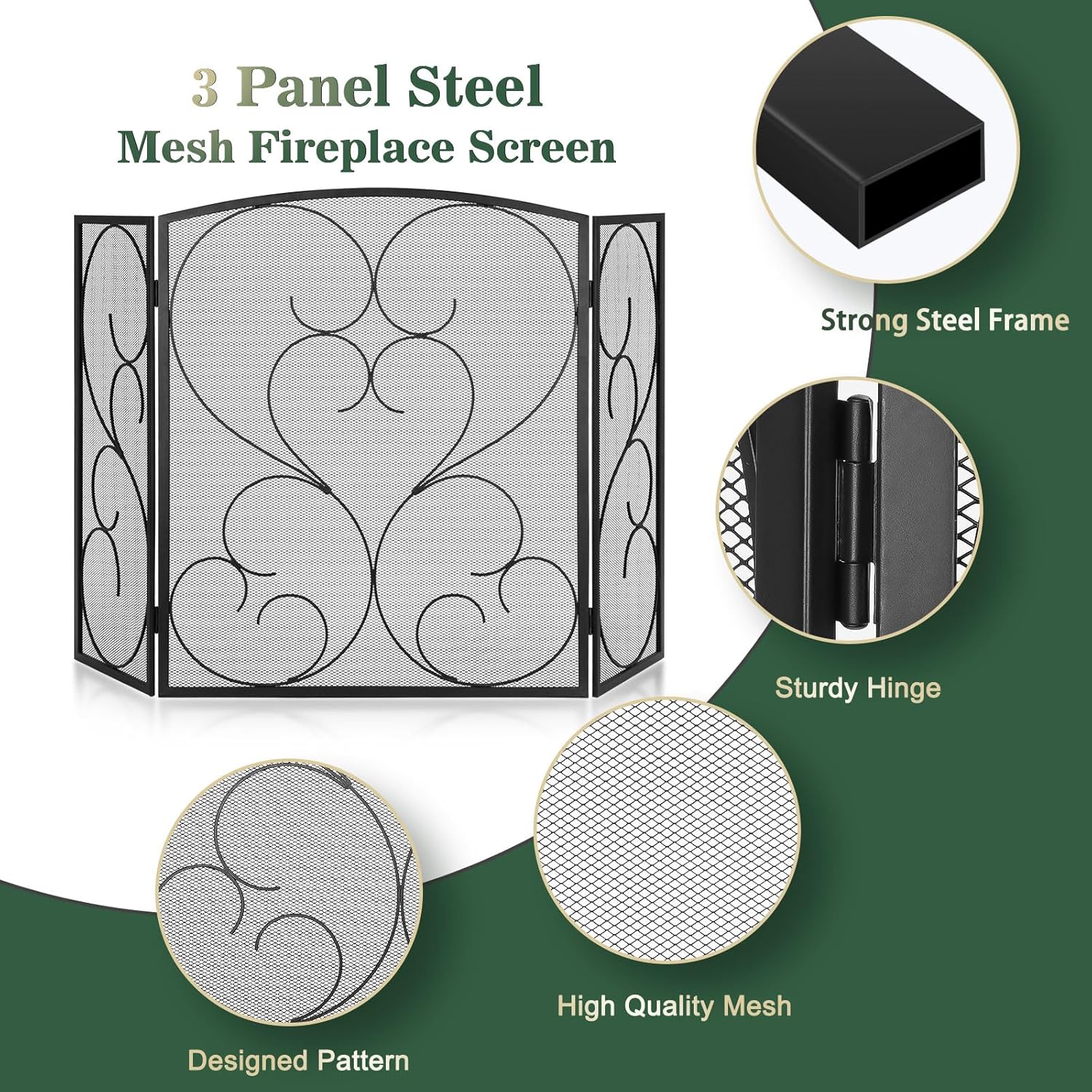 FEED GARDEN 3 Panel Fireplace Screen Wrought Iron 48" W x 29" H Foldable Heavy Duty Fire Spark Guard Cover with Metal Decorative Mesh for Living Room, Home Decor Indoor, Black
