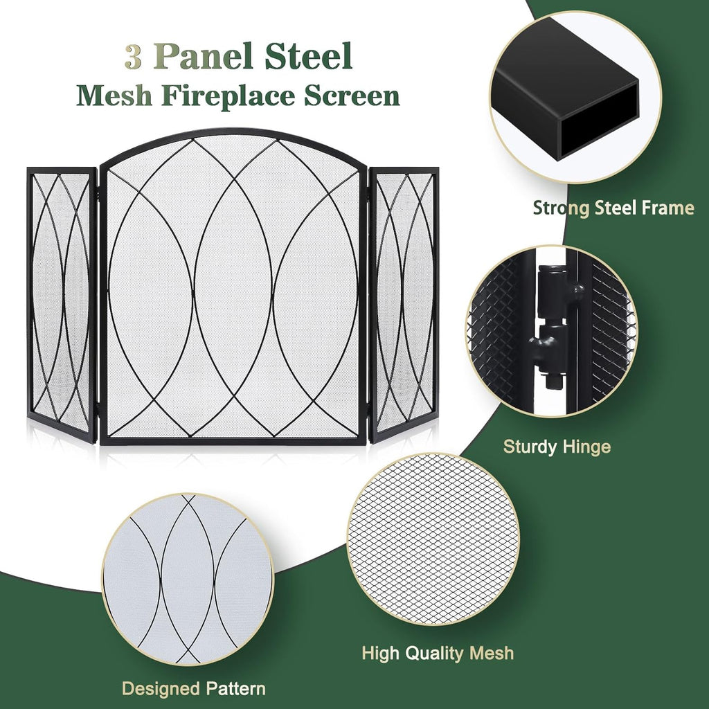 FEED GARDEN 3 Panel Fireplace Screen 48" W x 29.5" H Modern Foldable with Wrought Metal Decorative Mesh,Arch Heavy Duty Fire Spark Guard Cover for Home Decor Indoor, Black