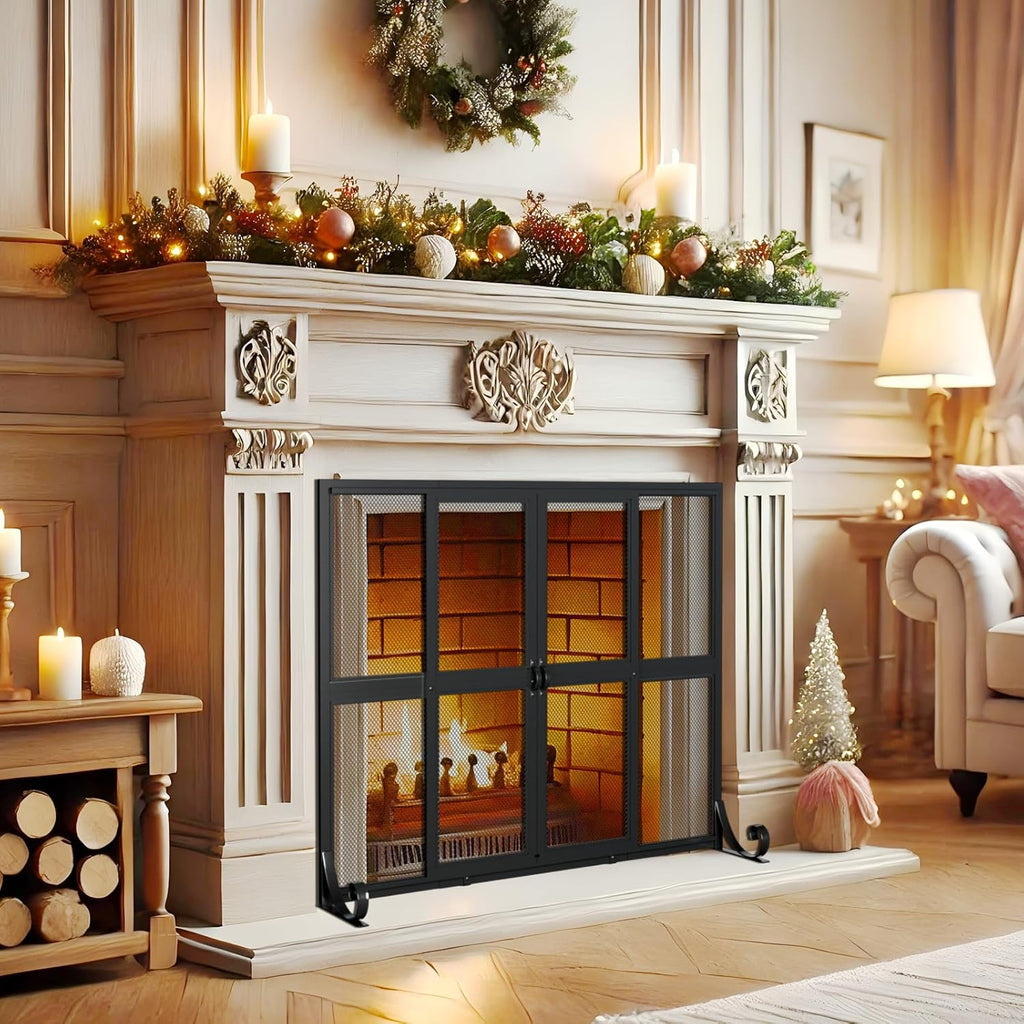 Fireplace Screen with Sliding Doors, 37.8" W x 30.7" H Handcrafted Wrought Iron Fire Spark Guard Fire Place Gate Protector for Living Room, Children and Pet Safety(Large)