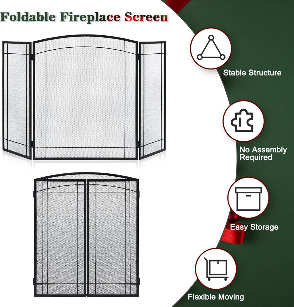 FEED GARDEN 3 Panel Fireplace Screen 48" W x 29" H Modern Foldable with Wrought Metal Decorative Mesh,Arch Heavy Duty Fire Spark Guard Cover for Home Decor Indoor, Black