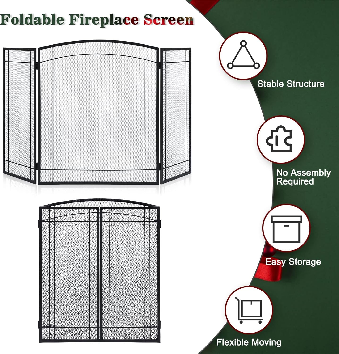 FEED GARDEN 3 Panel Fireplace Screen 48" W x 29" H Modern Foldable with Wrought Metal Decorative Mesh,Arch Heavy Duty Fire Spark Guard Cover for Home Decor Indoor, Black