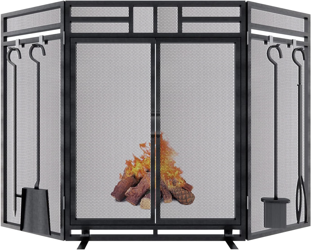 Fireplace Screen with Doors and Tools Set,3 Panel Foldable Metal Fireplace Guard,Wrought Iron Fireplace Mesh Screen Stand Tall 32″ Wide 48″,Fireplace Safety Gate with Tool,Tongs,Poker,Black