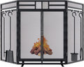 Fireplace Screen with Doors and Tools Set,3 Panel Foldable Metal Fireplace Guard,Wrought Iron Fireplace Mesh Screen Stand Tall 32″ Wide 48″,Fireplace Safety Gate with Tool,Tongs,Poker,Black