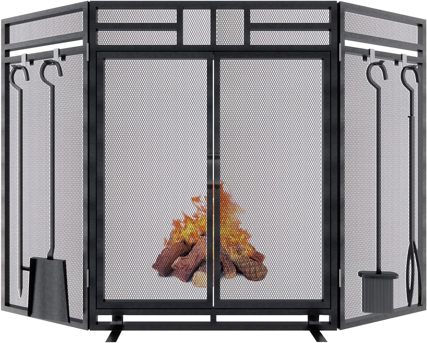 Fireplace Screen with Doors and Tools Set,3 Panel Foldable Metal Fireplace Guard,Wrought Iron Fireplace Mesh Screen Stand Tall 32″ Wide 48″,Fireplace Safety Gate with Tool,Tongs,Poker,Black