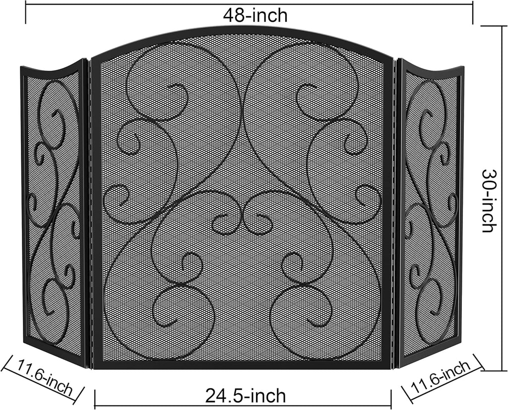 Fire Beauty Fireplace Screen 3 Panel Wrought Iron Metal 48"(L) x30(H) Spark Guard Cover(Black)