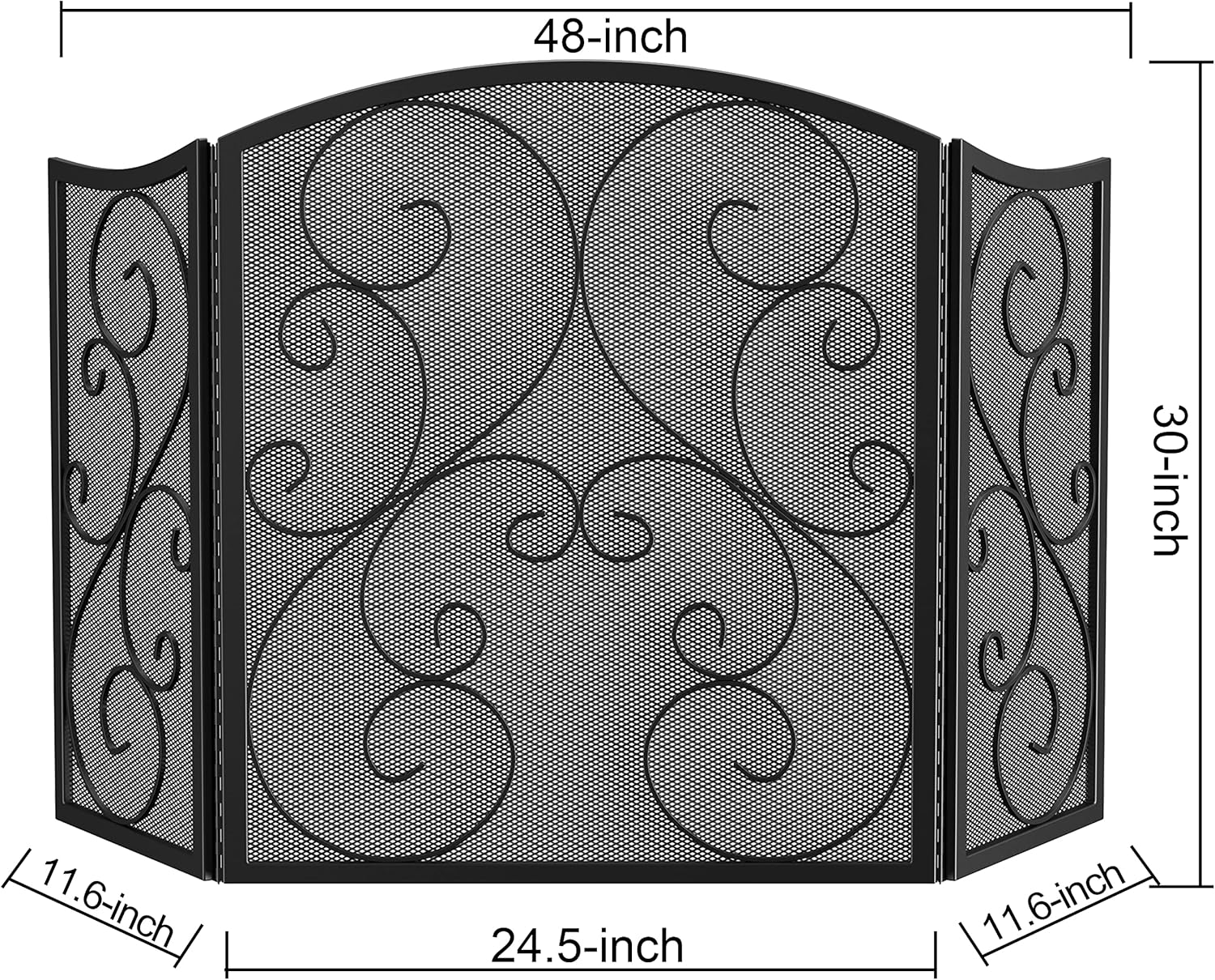 Fire Beauty Fireplace Screen 3 Panel Wrought Iron Metal 48"(L) x30(H) Spark Guard Cover(Black)
