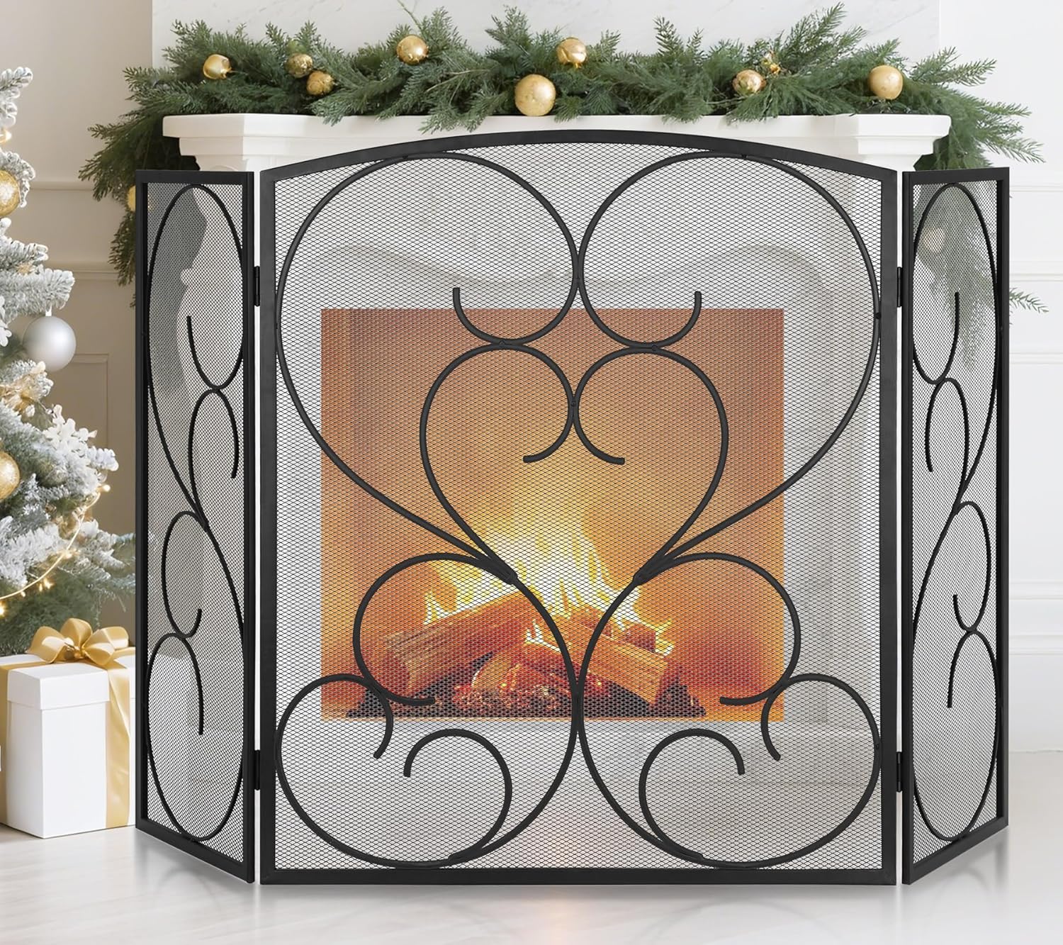 FEED GARDEN 3 Panel Fireplace Screen Wrought Iron 48" W x 29" H Foldable Heavy Duty Fire Spark Guard Cover with Metal Decorative Mesh for Living Room, Home Decor Indoor, Black
