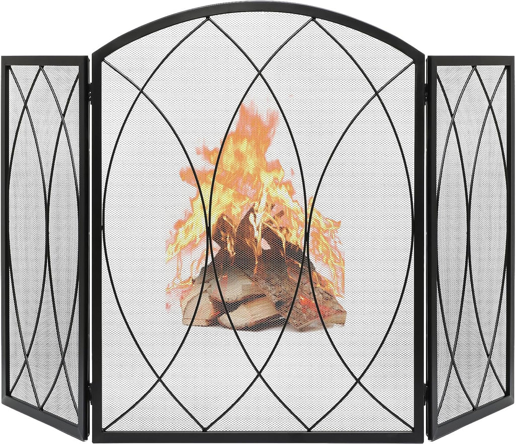FEED GARDEN 3 Panel Fireplace Screen 48" W x 29.5" H Modern Foldable with Wrought Metal Decorative Mesh,Arch Heavy Duty Fire Spark Guard Cover for Home Decor Indoor, Black