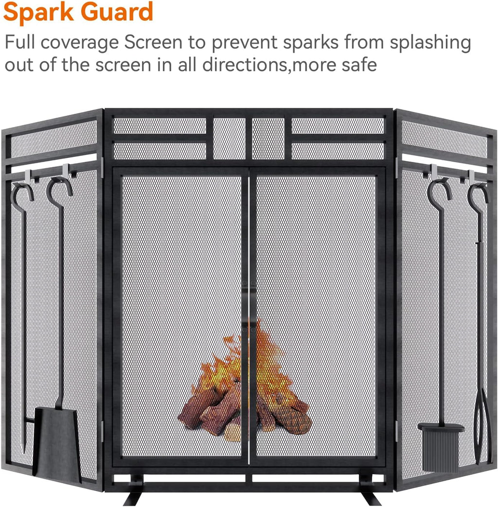 Fireplace Screen with Doors and Tools Set,3 Panel Foldable Metal Fireplace Guard,Wrought Iron Fireplace Mesh Screen Stand Tall 32″ Wide 48″,Fireplace Safety Gate with Tool,Tongs,Poker,Black