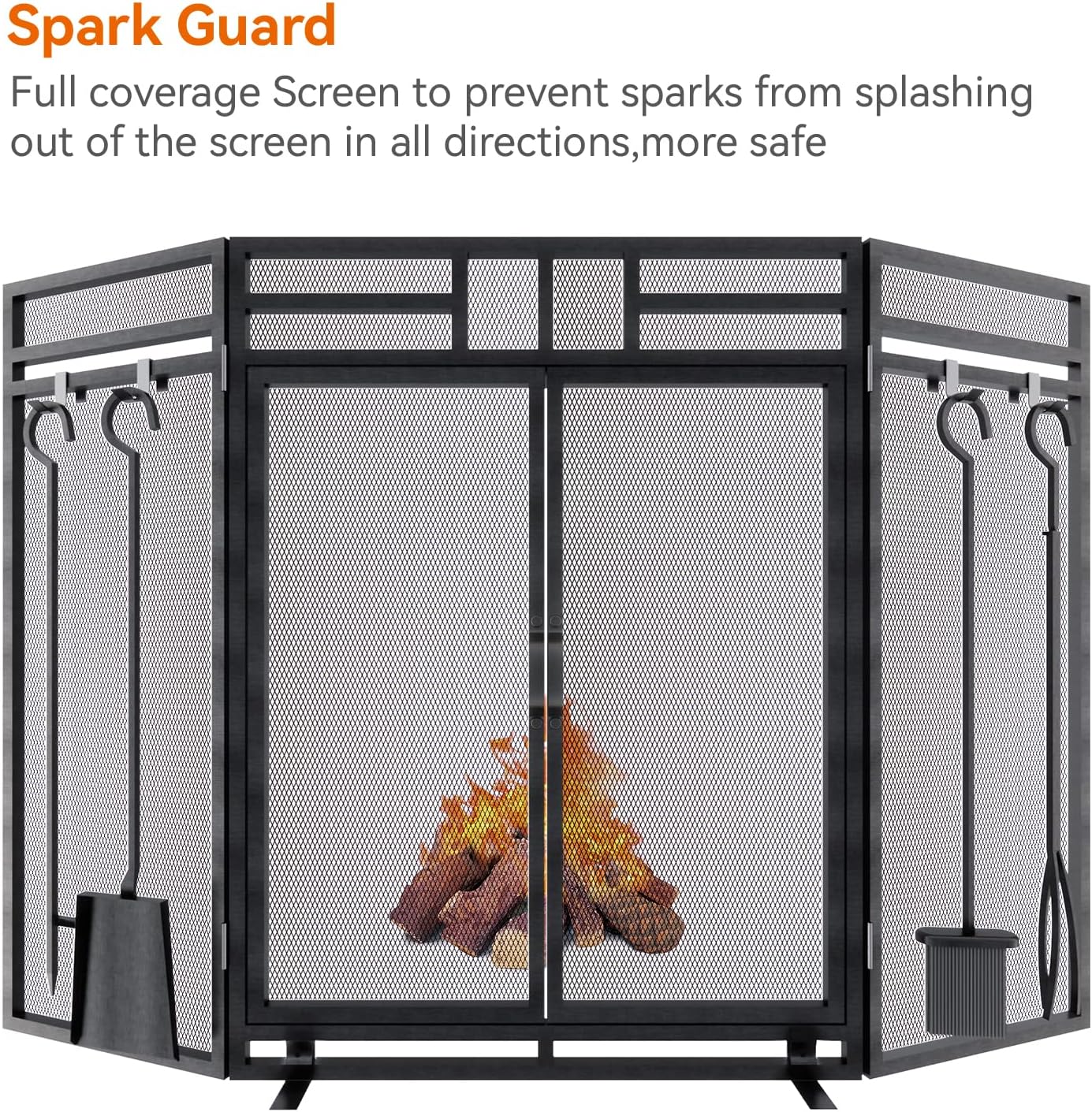 Fireplace Screen with Doors and Tools Set,3 Panel Foldable Metal Fireplace Guard,Wrought Iron Fireplace Mesh Screen Stand Tall 32″ Wide 48″,Fireplace Safety Gate with Tool,Tongs,Poker,Black