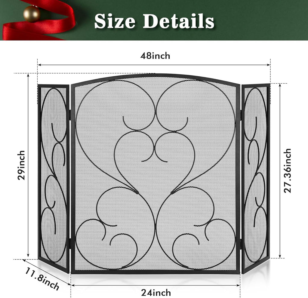 FEED GARDEN 3 Panel Fireplace Screen Wrought Iron 48" W x 29" H Foldable Heavy Duty Fire Spark Guard Cover with Metal Decorative Mesh for Living Room, Home Decor Indoor, Black