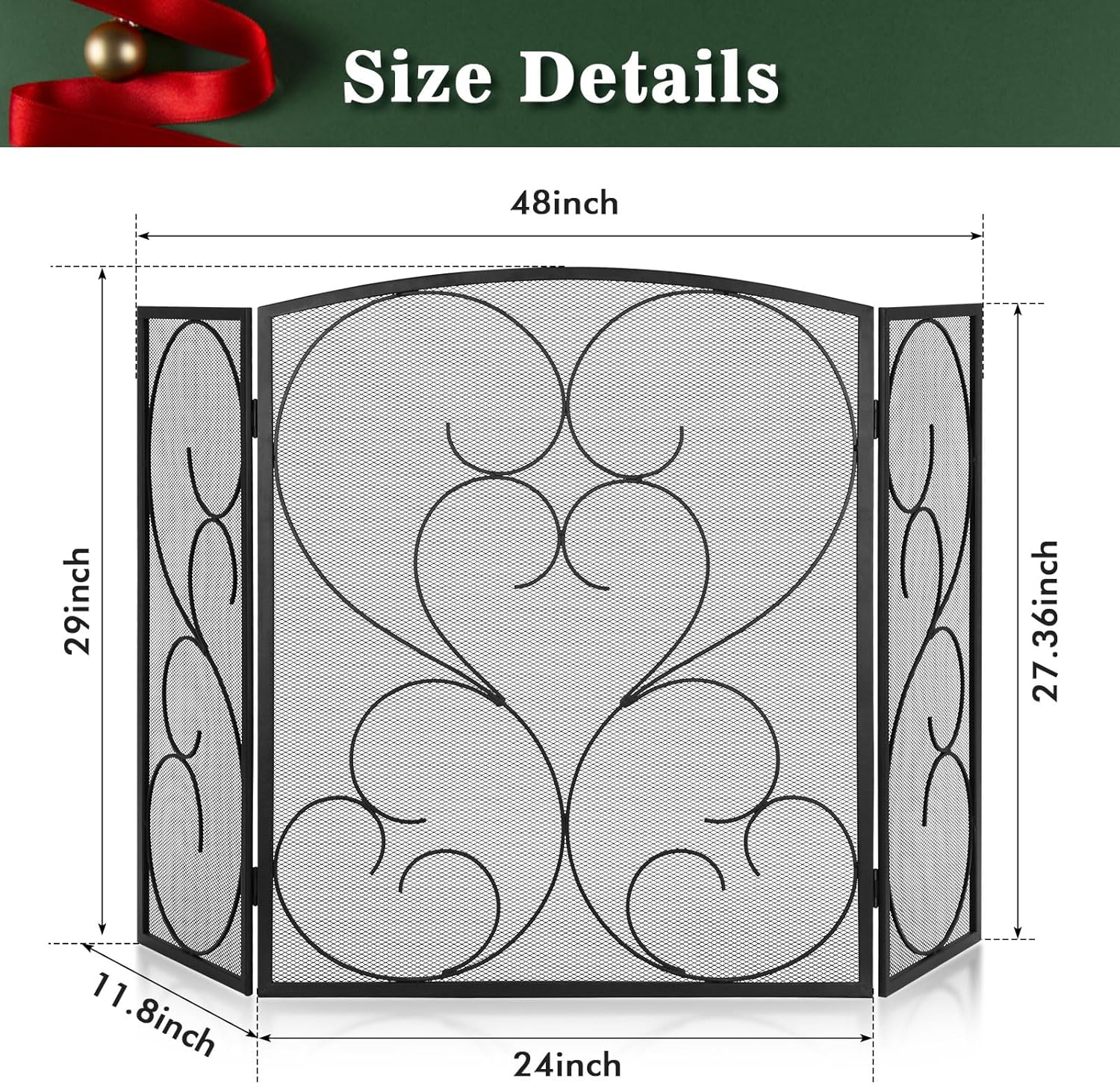 FEED GARDEN 3 Panel Fireplace Screen Wrought Iron 48" W x 29" H Foldable Heavy Duty Fire Spark Guard Cover with Metal Decorative Mesh for Living Room, Home Decor Indoor, Black