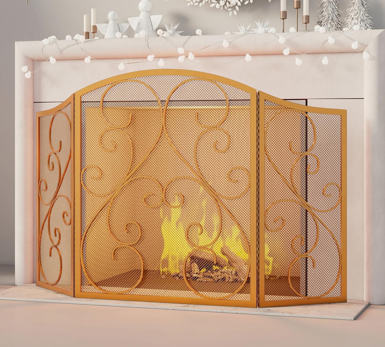 Fire Beauty Fireplace Screen 3 Panel Wrought Iron Metal 48"(L) x30(H) Spark Guard Cover(Black)