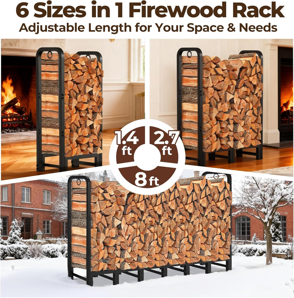 Amagabeli 8ft Firewood Log Rack Outdoor Heavy Duty Logs Holder for Fireplace Indoor Outdoor Adjustable Wood Racks for Fire Wood Holder Metal Pile Stand Storage Stacker Organizer Black