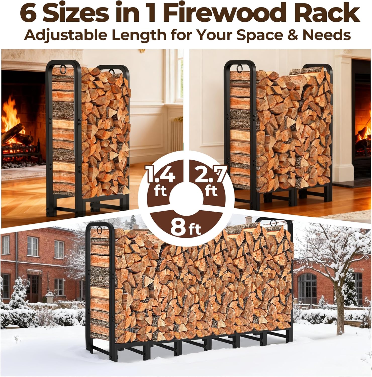 Amagabeli 8ft Firewood Log Rack Outdoor Heavy Duty Logs Holder for Fireplace Indoor Outdoor Adjustable Wood Racks for Fire Wood Holder Metal Pile Stand Storage Stacker Organizer Black