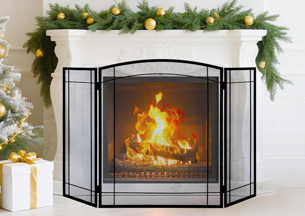 FEED GARDEN 3 Panel Fireplace Screen 48" W x 29" H Modern Foldable with Wrought Metal Decorative Mesh,Arch Heavy Duty Fire Spark Guard Cover for Home Decor Indoor, Black