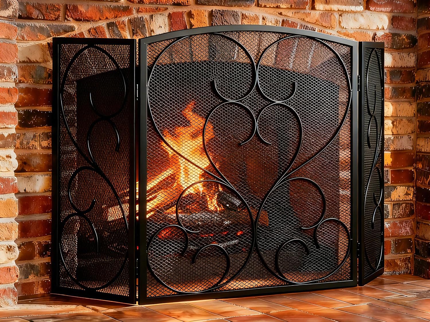 FEED GARDEN 3 Panel Fireplace Screen Wrought Iron 48" W x 29" H Foldable Heavy Duty Fire Spark Guard Cover with Metal Decorative Mesh for Living Room, Home Decor Indoor, Black