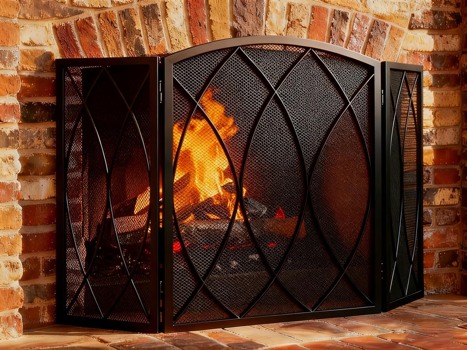FEED GARDEN 3 Panel Fireplace Screen 48" W x 29.5" H Modern Foldable with Wrought Metal Decorative Mesh,Arch Heavy Duty Fire Spark Guard Cover for Home Decor Indoor, Black