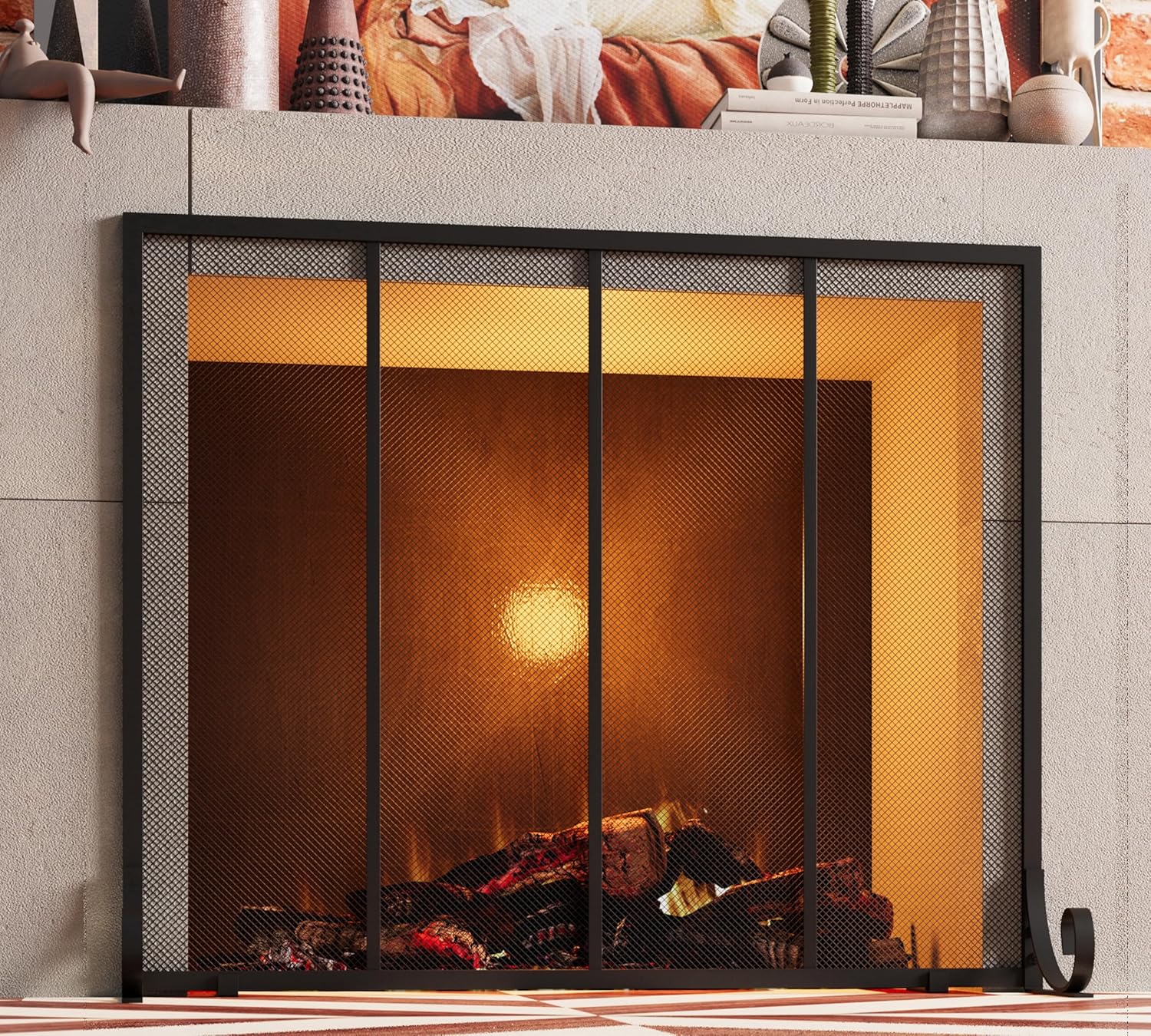 Fire Beauty Flat Panel Fireplace Screen Spark Guard Wrought Metal Gate Cover for Home, Decorative Mesh Fire Place Safety Fence,Baby Safe Spark Guard Protector