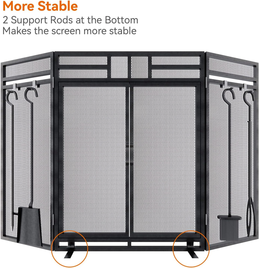 Fireplace Screen with Doors and Tools Set,3 Panel Foldable Metal Fireplace Guard,Wrought Iron Fireplace Mesh Screen Stand Tall 32″ Wide 48″,Fireplace Safety Gate with Tool,Tongs,Poker,Black